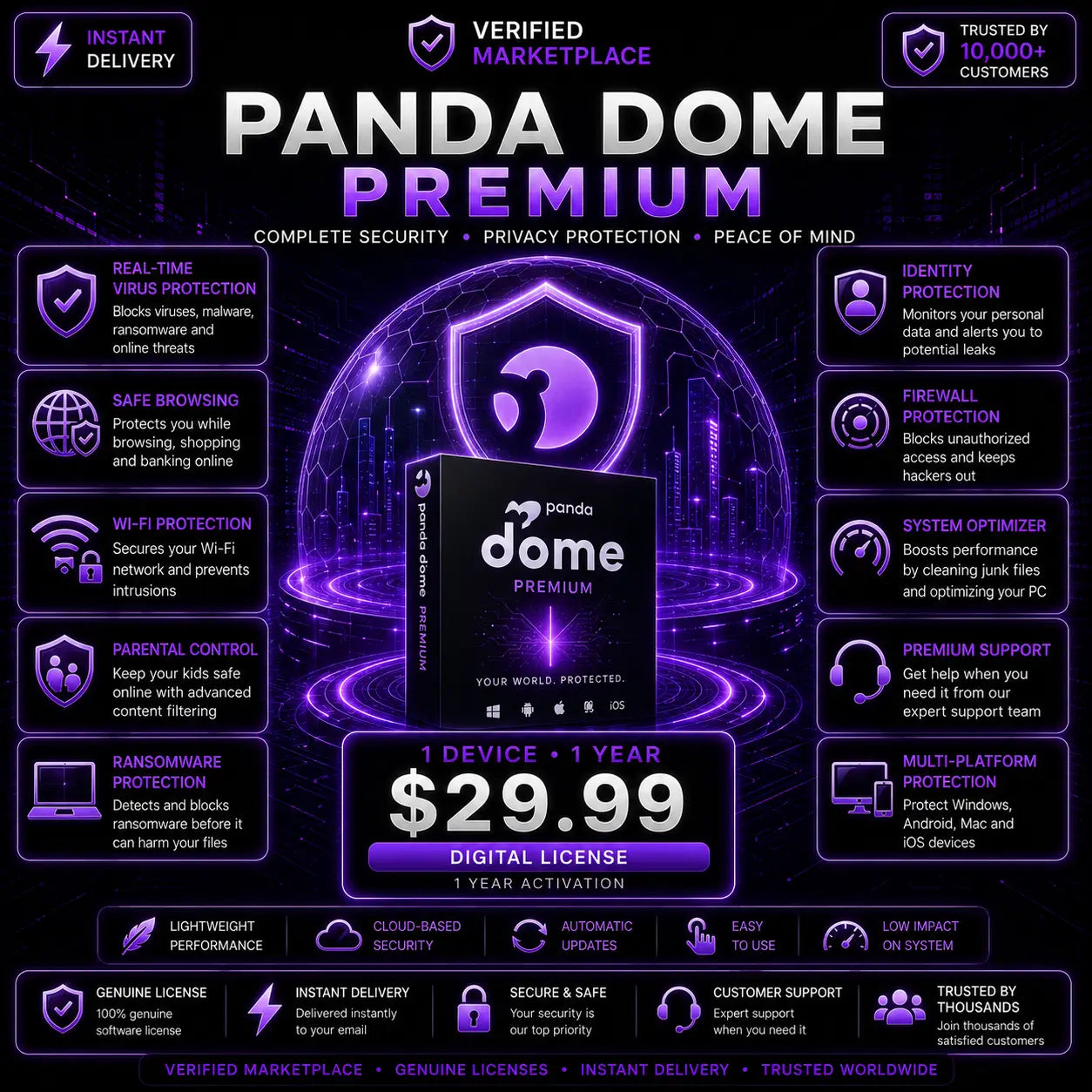 Panda Dome Premium antivirus software icon for one device with advanced security protection from Digital Licences Store