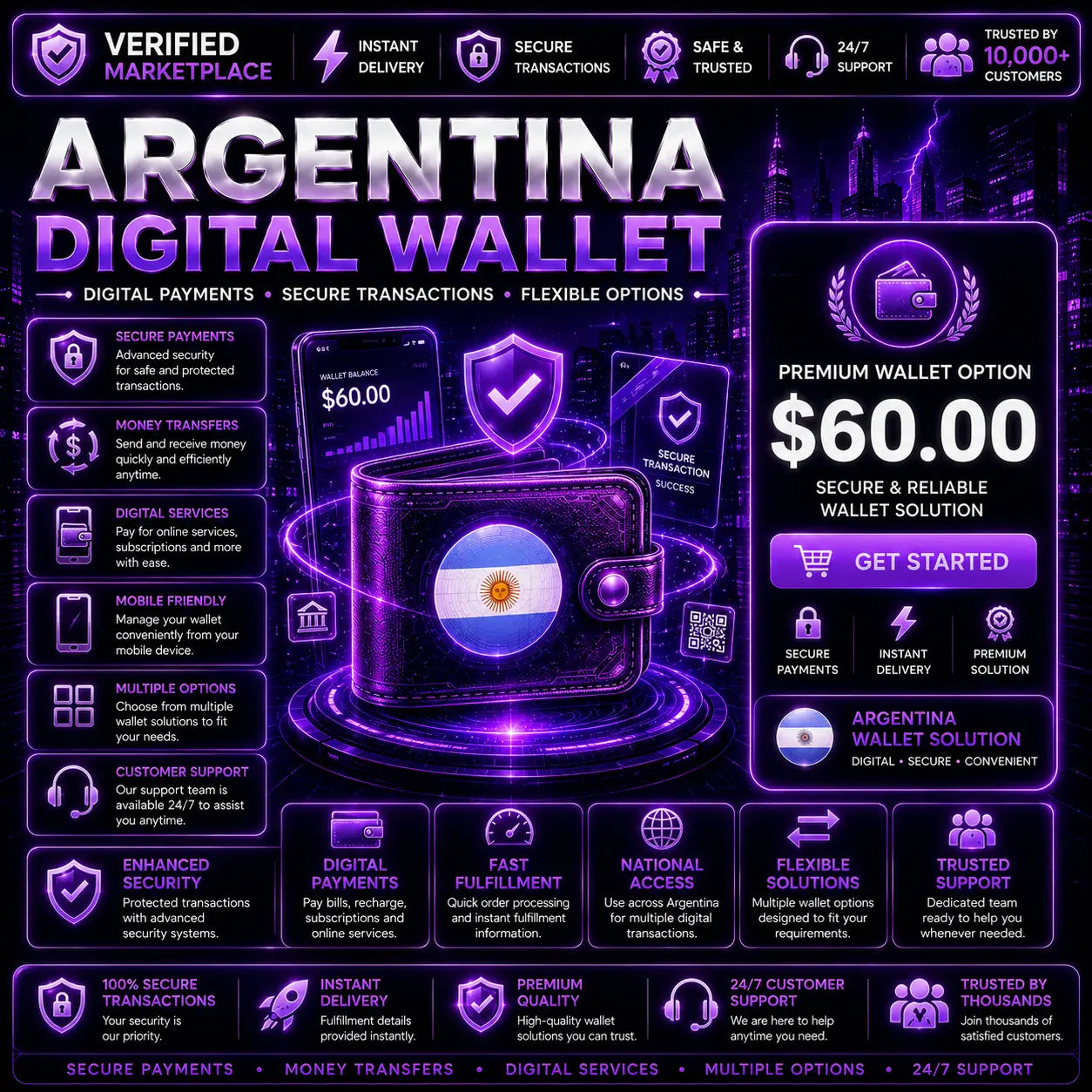 Digital Argentina Wallet by Verified Marketplace, secure digital wallet for payment services, shown on screen.