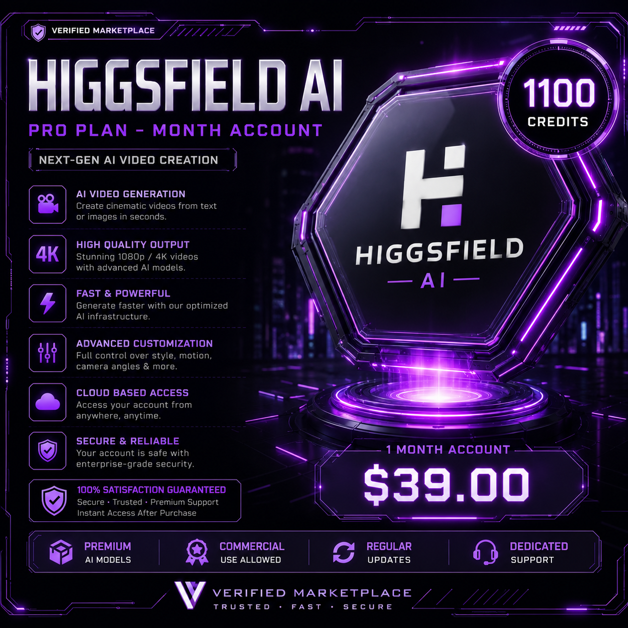 Digital software interface for Higgsfield AI Pro Plan showing chat and credit usage, with branding from Verified Marketplace.