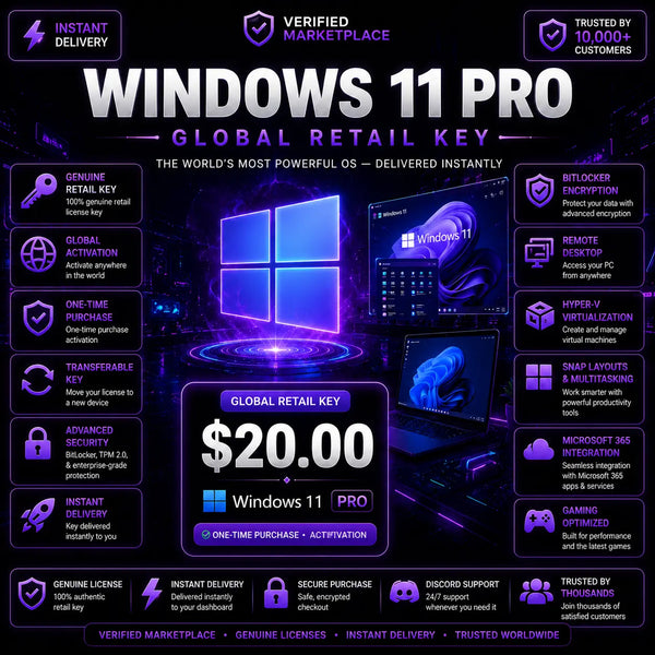 Windows 11 Pro retail key from Digital Licences Store, showing a genuine activation code for Windows operating system.