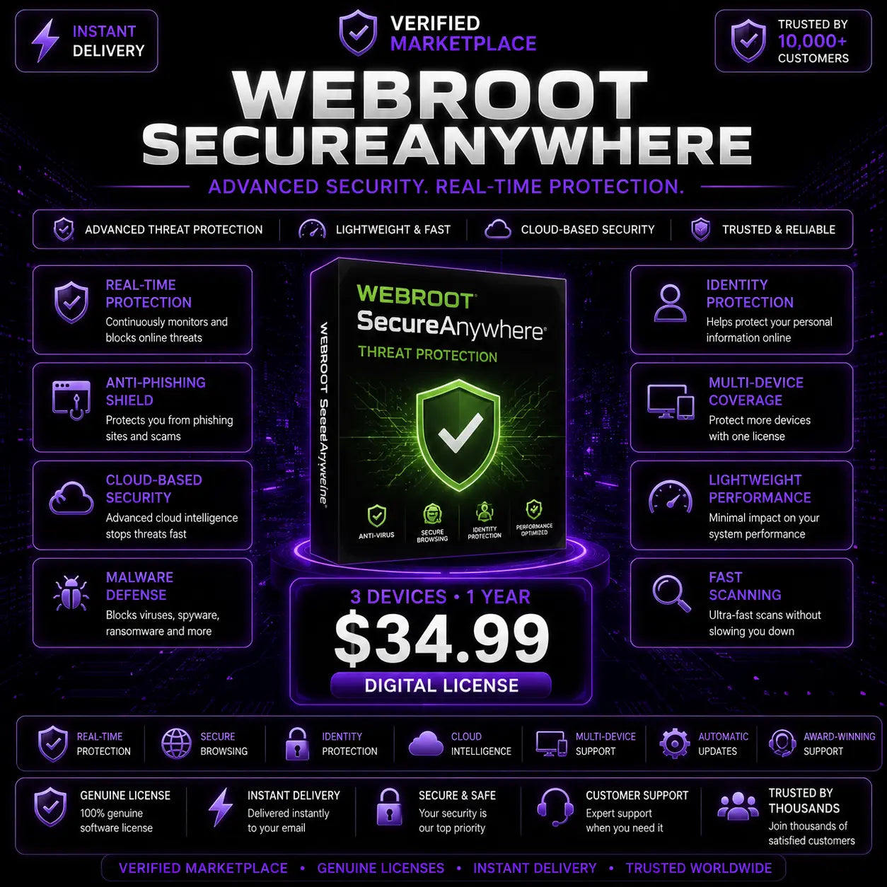 Webroot SecureAnywhere antivirus software for PC, providing advanced online security and protection for up to 3 devices for 1 year