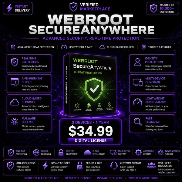 Webroot SecureAnywhere antivirus software for PC, providing advanced online security and protection for up to 3 devices for 1 year