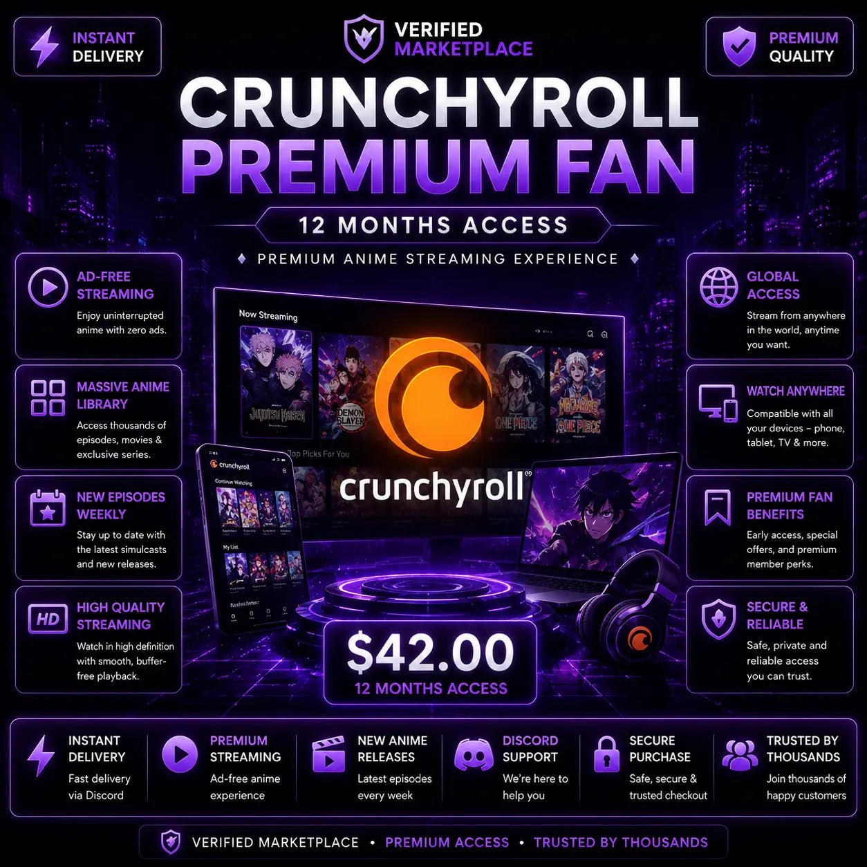 Crunchyroll Premium anime streaming and membership on a digital license account, offering 12 months of access to anime content.