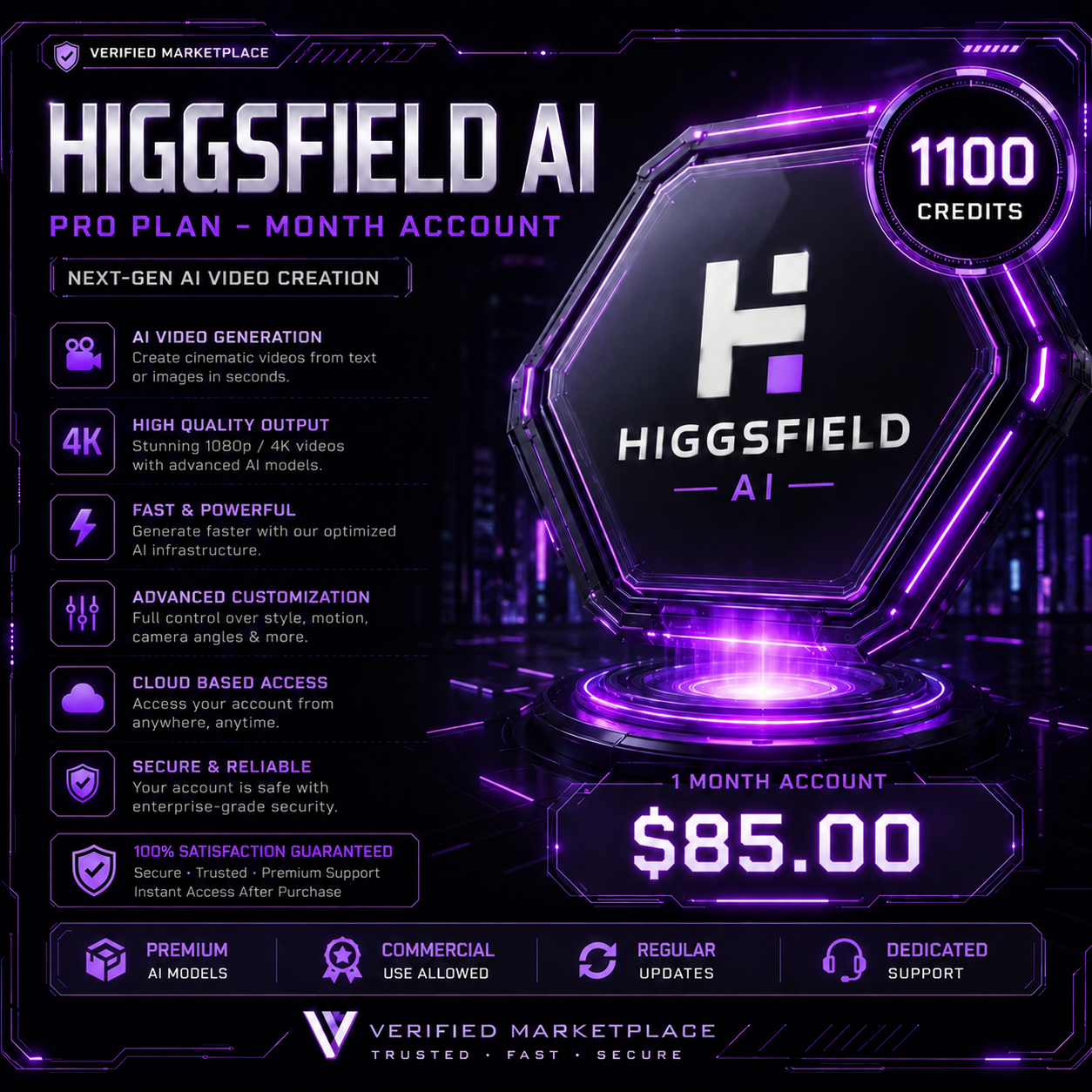 Screenshot of Higgsfield AI Pro Plan digital software interface showing 1 month access and 1100 credits from Verified Marketplace.