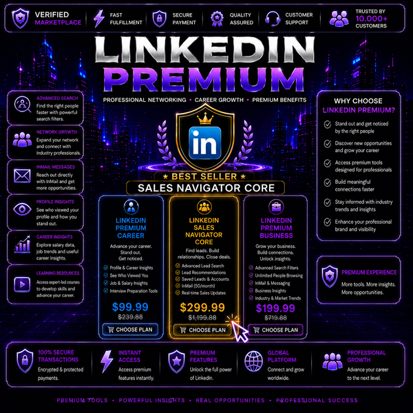 LinkedIn Premium Professional software by Verified Marketplace showing networking, jobs, and business connection features.